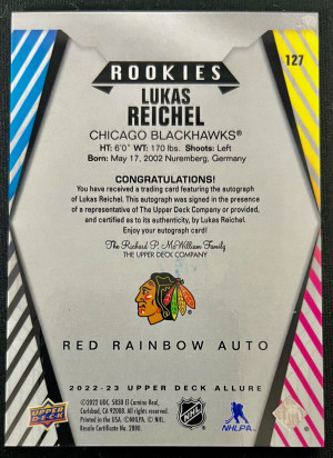 2022-23 Allure Lukas Reichel #127 Red Rainbow Rookie Auto back